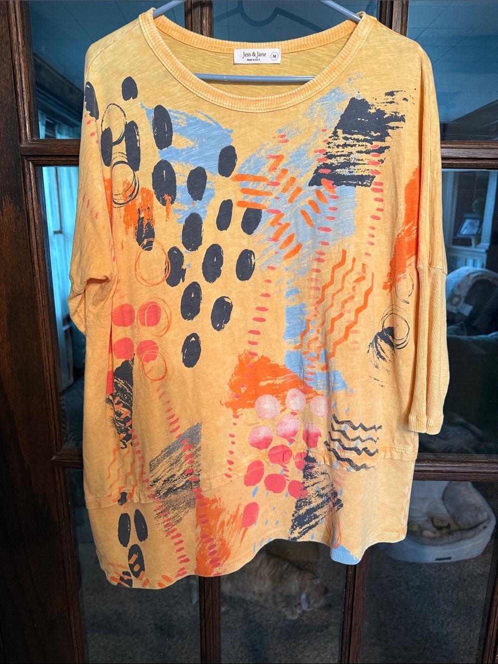 Jess & Jane Yellow Abstract Graphic Print 3/4 Sleeve Tunic Top Womens Medium